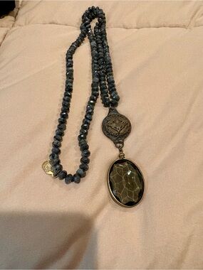 Faceted Gray Beaded Pendant Necklace with Bronze Accents